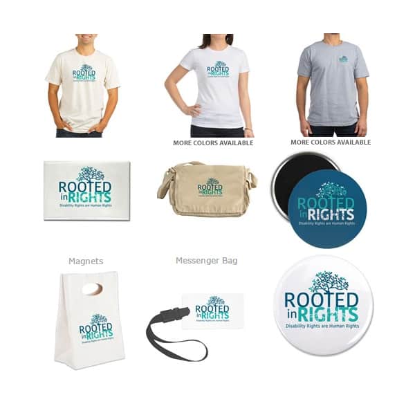 image of some of the items available at the Rooted in Rights gift shop, tshirts, magnets, buttons, bags, pet products, etc.