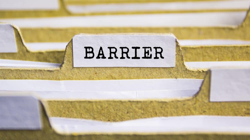 Yellow file folders filled with papers. One folder is labeled "barrier."