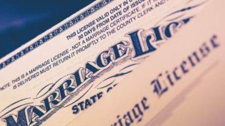 Close-up of the top of a marriage license form