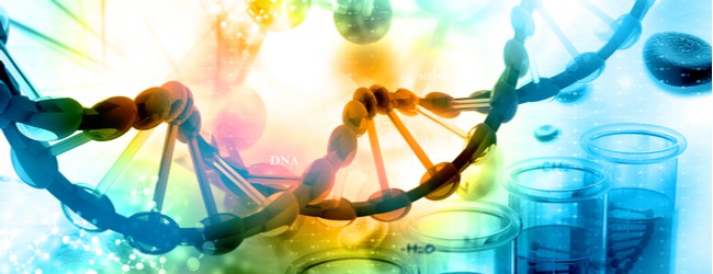 A double helix and lab testing tubes, shown in a rainbow gradient.