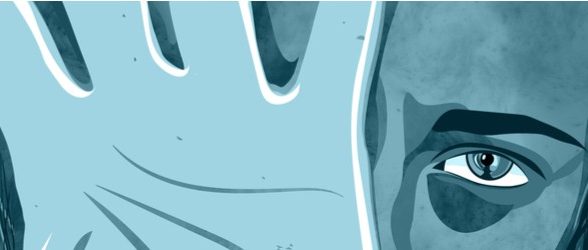 Illustrated person holds hand out in front of face. The graphic is blue tinted.