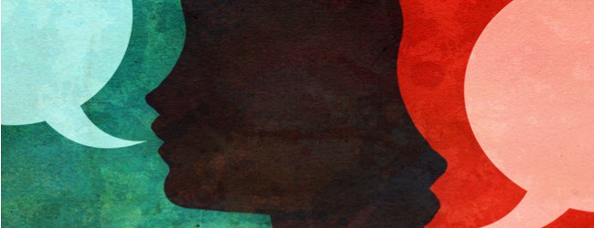 Two silhouettes of heads connected back to back. Each has a speech bubble coming out.