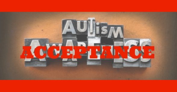 The words Autism Awareness made from vintage lead letterpress type. Over the word "awareness" is the word "acceptance" in bold red letters.