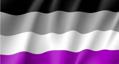 Asexual pride flag with a black, gray, white, and purple stripe.