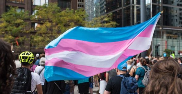 A photo of a group of people at a march holding up a trans pride flag.