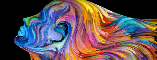 A profile of a person in a surrealist, rainbow-colored painting