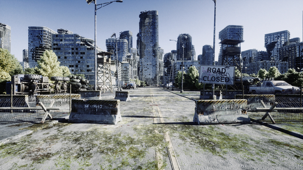 Post-apocalyptic scene shows deserted city and burned out building with a sign that says "road closed."
