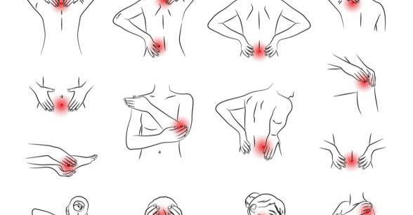 A chart with drawings of different body parts highlighted with red circles to indicate pain.