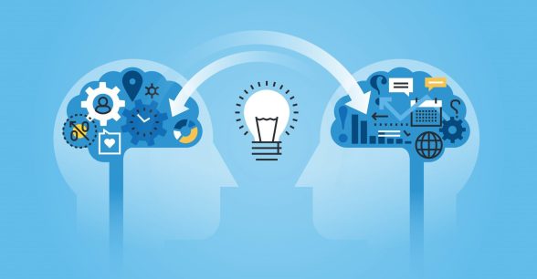 Drawing of silhouettes of two heads, showing the exchange of gears and other information symbols, and a lightbulb between them