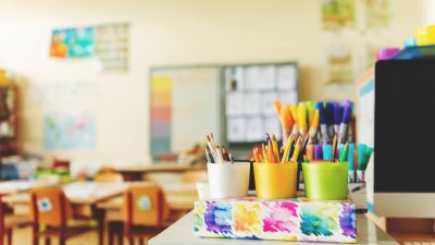 A photo of a brightly decorated empty classroom.