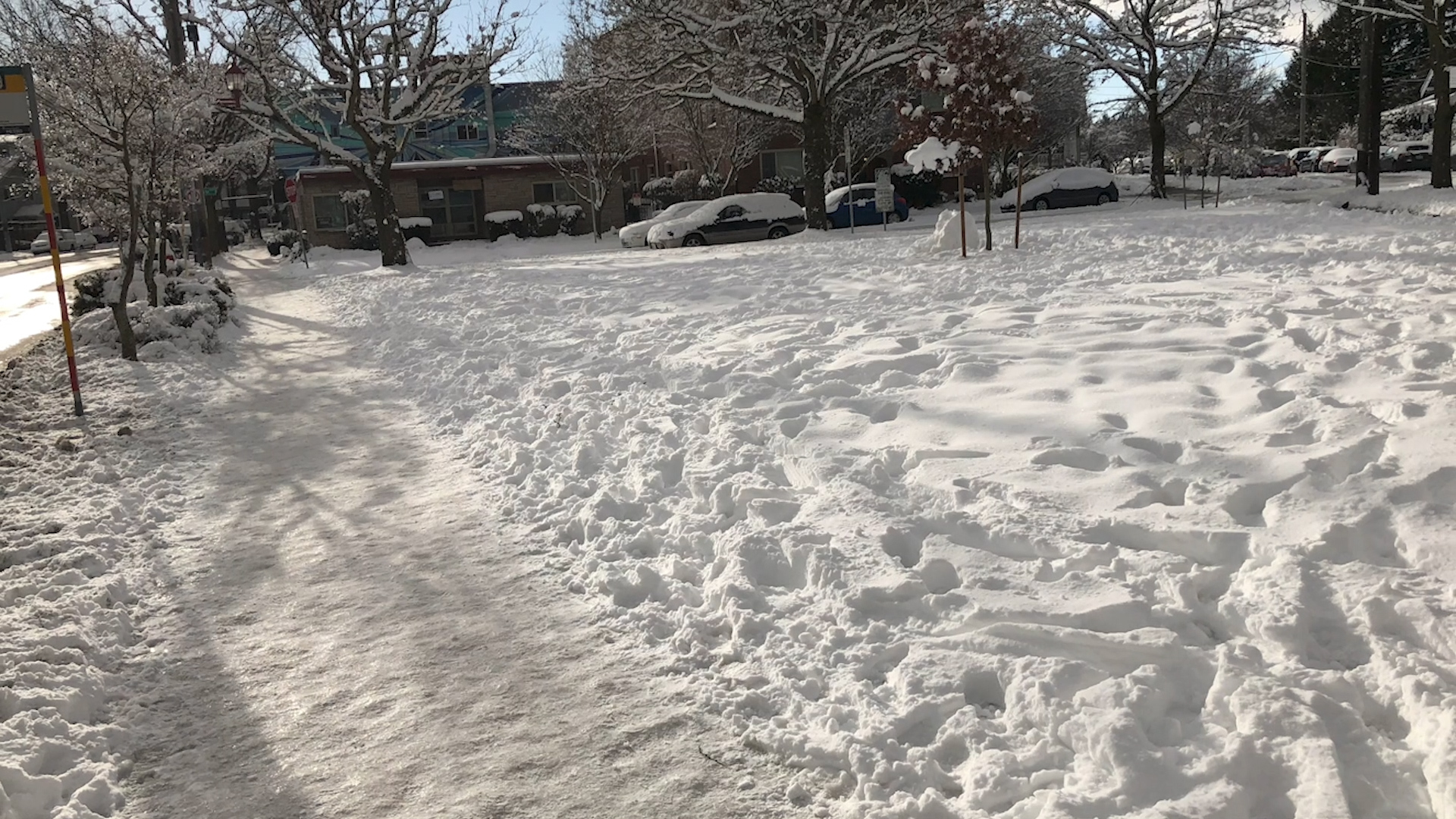 A blanket of snow covers an open space; a sidewalk buried underneath a sheet of icy packed snow.
