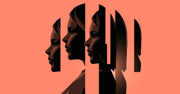 A woman in black and white whose face is broken into lines.