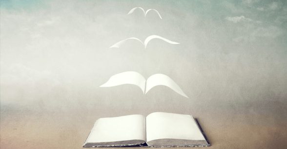 Photo of a book with pages lifting out of it to fly free.