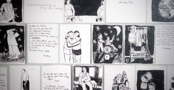 A white wall is completely covered in 8” x 10” abstract charcoal drawings. Some of the imagery includes a microscopic view of COVID-19, a pile of hoarded toilet paper, a doctor, a person using forearm crutches, two people hugging, along with various handwritten notes.