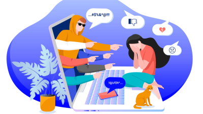 An illustration of a young woman curled up with her head in her heads, sitting on a large laptop with people coming out of the screen and pointing at her, taunting. The image is meant to convey cyberbullying.