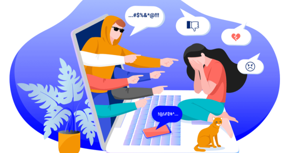 An illustration of a young woman curled up with her head in her heads, sitting on a large laptop with people coming out of the screen and pointing at her, taunting. The image is meant to convey cyberbullying.