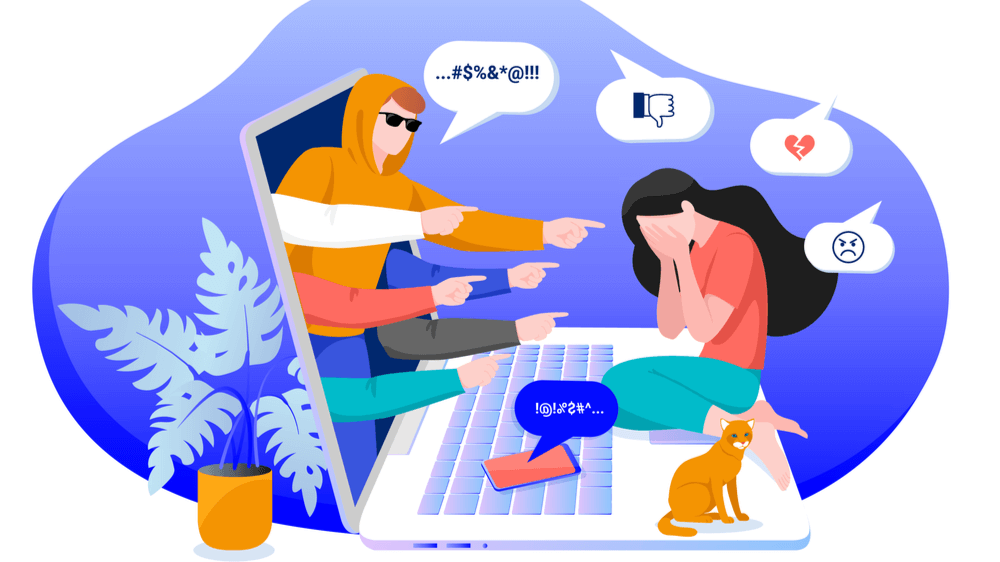 An illustration of a young woman curled up with her head in her heads, sitting on a large laptop with people coming out of the screen and pointing at her, taunting. The image is meant to convey cyberbullying.