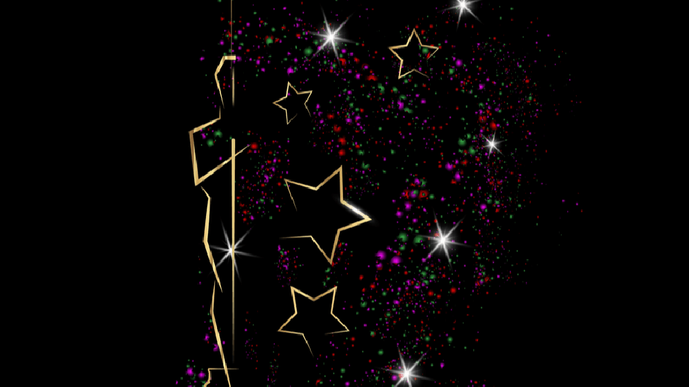 Half of an illustrated outline of an Oscar award, surrounded by gold stars and purple, pink, and green sparkles.