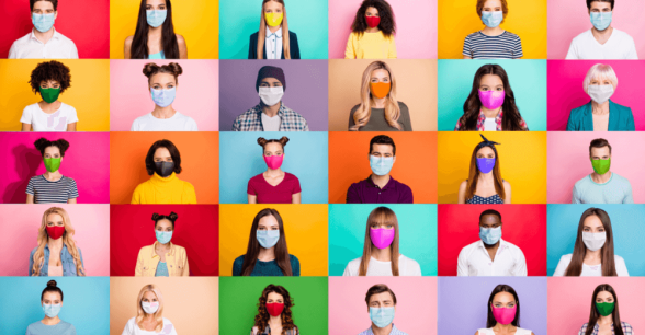 A montage of people of different races against a rainbow of colorful squares, all wearing face masks.