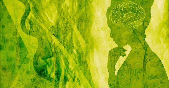 An abstract pattern in hues of green with a silhouette of a person resting their hand pensively on their chin.