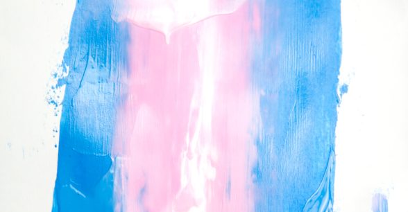 A vertical painting reminiscent of the transgender pride flag