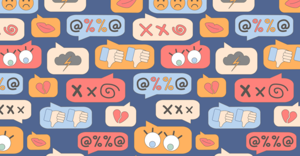 A pattern of of illustrated speech bubbles that have different emoji indicating harassment.