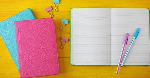 After five years, the Editor in Chief of the Rooted in Rights Blog, Emily Ladau, will be stepping down from her role. In this message, she shares why and what's next for the blog. Image: On a yellow table, there is a blue notebook stacked under a pink notebook, next to some blue and pink binder clips and an open notebook with a pink and a blue pen resting on it