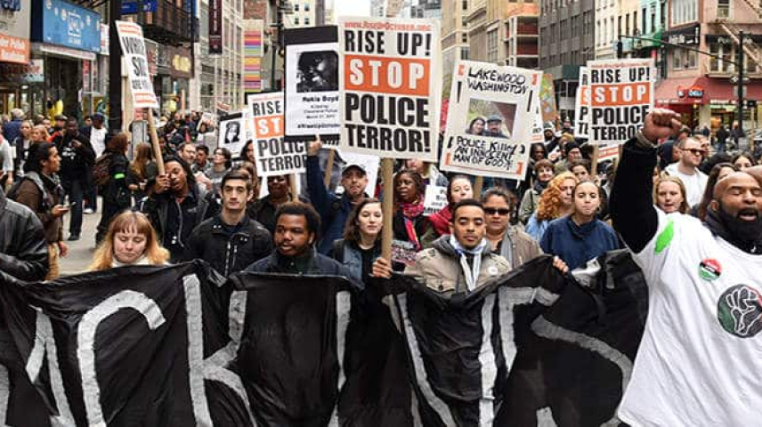 Black Lives Matter protest march with banners and signs