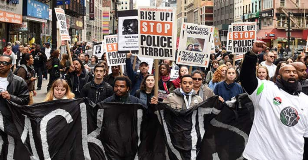 A group of protesters marching for the Black Lives Matter movement.