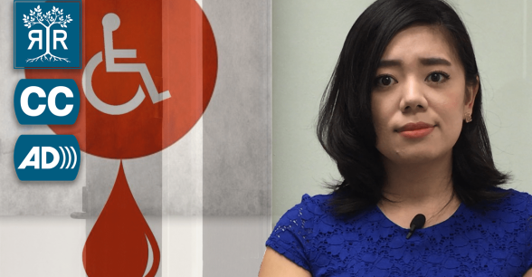 Mizuki is looking at the camera, beside her is a graphic of a handicap sign with a red drop falling from it.