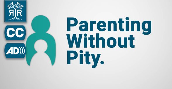 Blue text "Parenting Without Pity." on white background, next to teal logo of parent holding child.