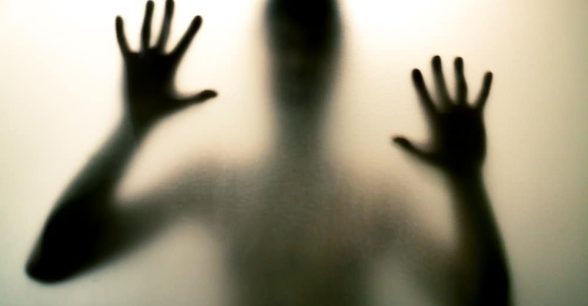 A sort of silhouetted, blurry, hands and body of a horror film-like human figure. They're behind matte glass. The photo is black and white.