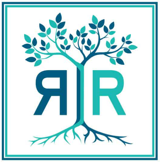 Rooted in Rights logo in teal and blue. Two R's with a tree sprouting through the center.