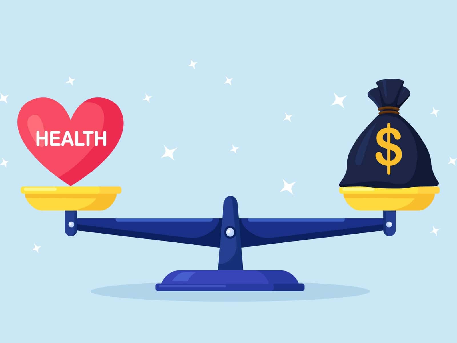 Illustration of a blue and yellow balancing scale. On the left side is a red heart with white text that reads "health" on it and, on the right side, is a black bag with a gold U.S. dollar sign on it. The illustration has a light blue background.
