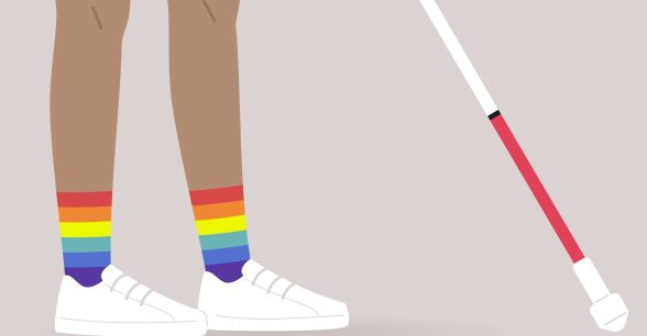 Illustration of a brown-skinned person's legs and feet. They're wearing white shorts and white sneakers with rainbow patterned socks. They have a white cane.