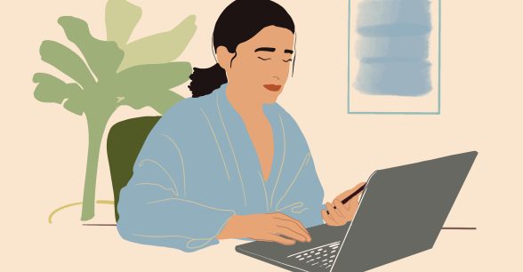 A drawing of a woman with olive skin and black hair sitting in front of a grey laptop. A green plant and blue painting are in the background.