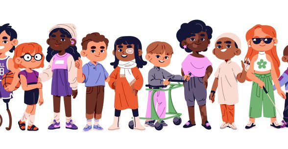 Colorful diverse and inclusive illustration of children. The kids range in disabilities from cancer to amputated limbs and blindness. Mobility aids include a wheelchair and crutches. The kids are various heights and skin colors.