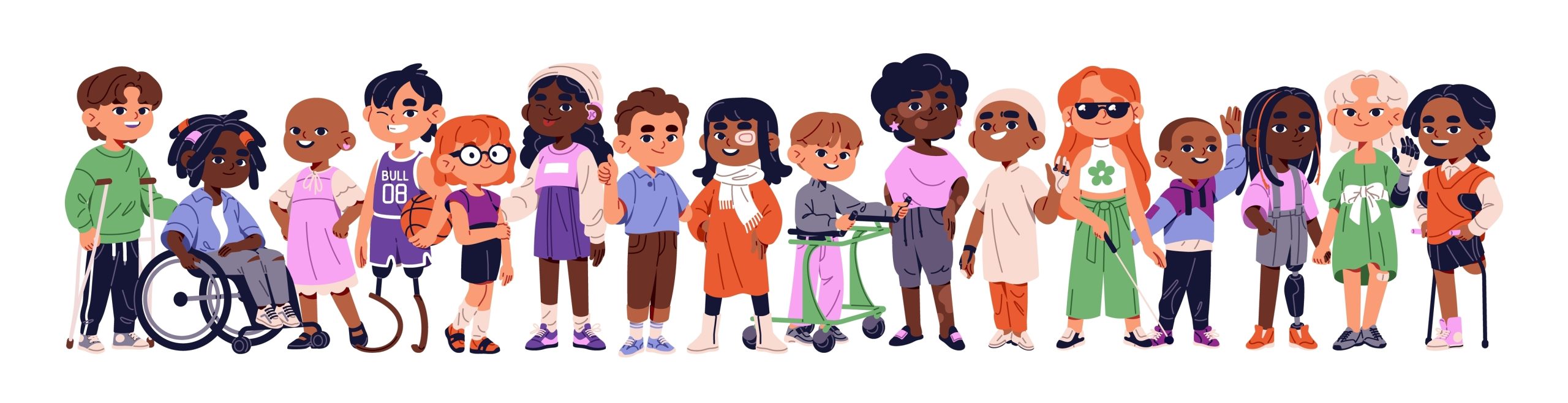 Colorful diverse and inclusive illustration of children. The kids range in disabilities from cancer to amputated limbs and blindness. Mobility aids include a wheelchair and crutches. The kids are various heights and skin colors.