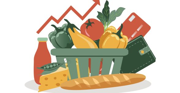 An illustration of a basket of various produce surrounded by a red glass bottle, a slice of a block of cheese, French bread, a wallet, and either a debit or credit card. Above that is a red line from a traditional chart or graph trending upwards.