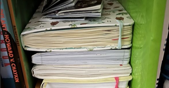 A photo of a pile of writer Cavar's junk journals. They're situated in a light green nook, stacked on top of each other.