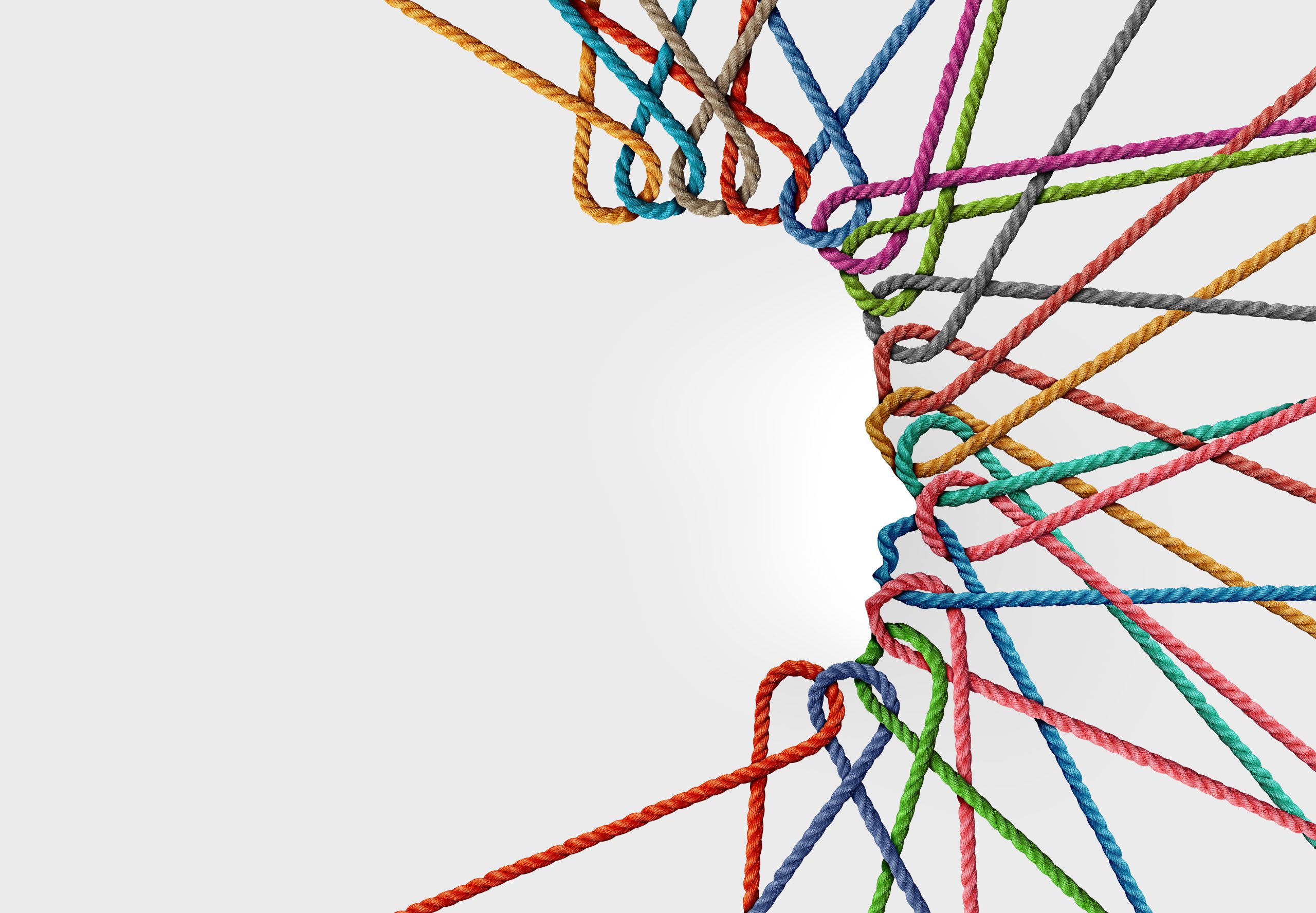 Red, blue, green, pink, teal, orange, purple, grey, and beige ropes of various shades looped around one another and crossing each other in an interconnected half circle.