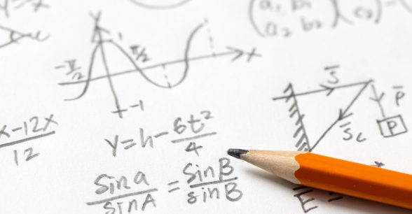 A yellow sharpened pencil laying over a white sheet of paper showing handwritten math equations. Equations include sine a over sine a equals sine b over sine b, y equals h minus 6 t squared over 4, and several sine wave graphs.