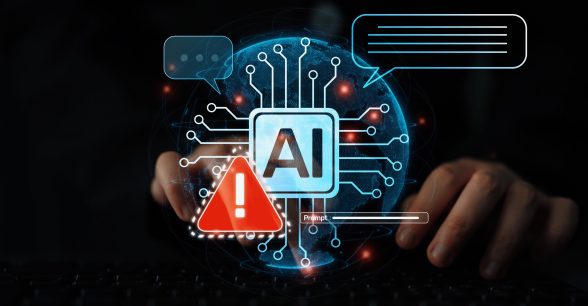 A blue "AI" symbol with a red triangle sign with an exclamation point next to it.