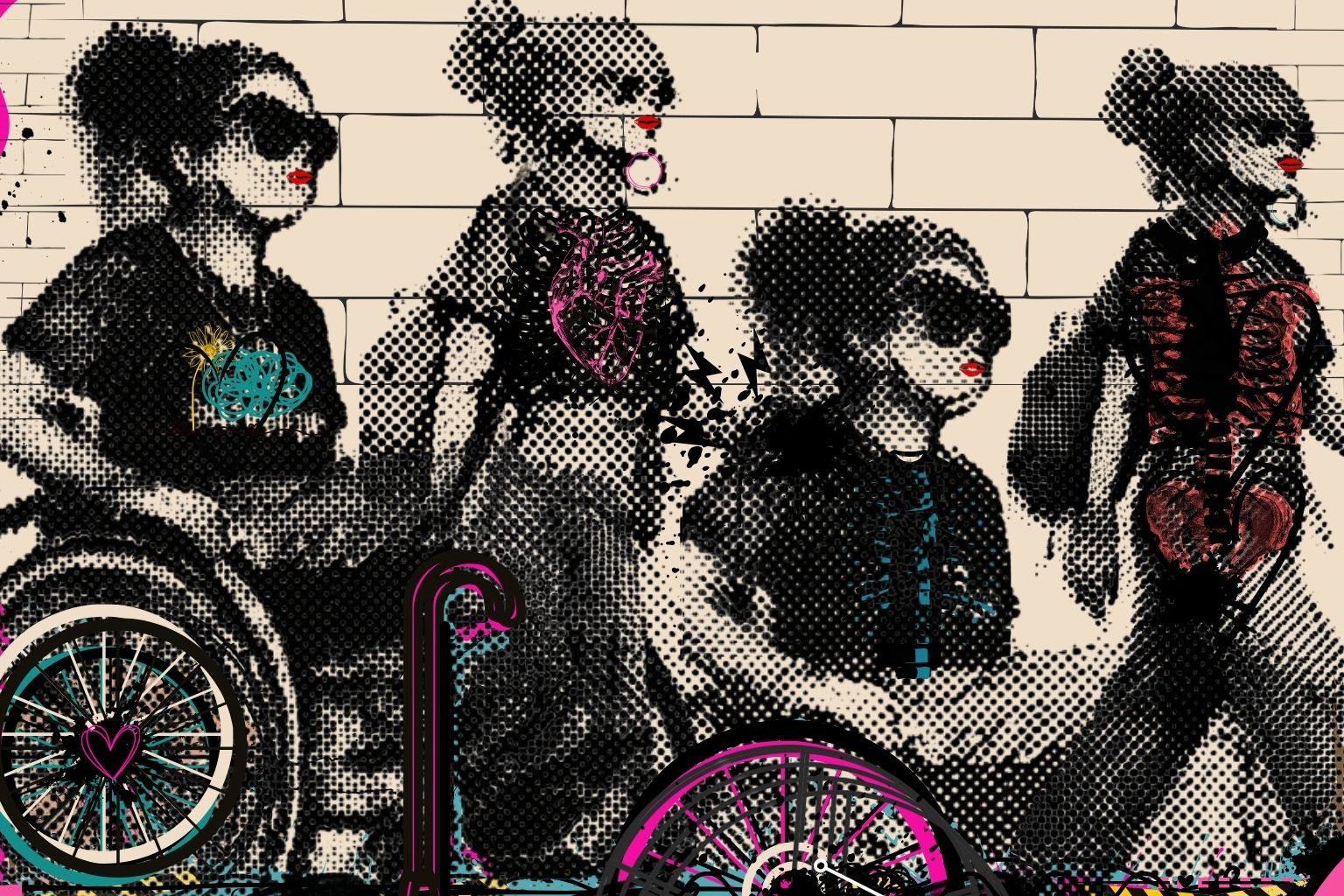 Mixed-Media collage of halftone human figures against a brick wall, their dotted surfaces evoking pins-and-needles sensations, overlaid with anatomical and wheelchair-like elements to suggest fluctuating mobility and invisible disability in public space.