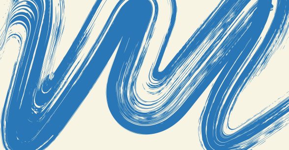 A blue paint brush stroke curving up and down on a white background.