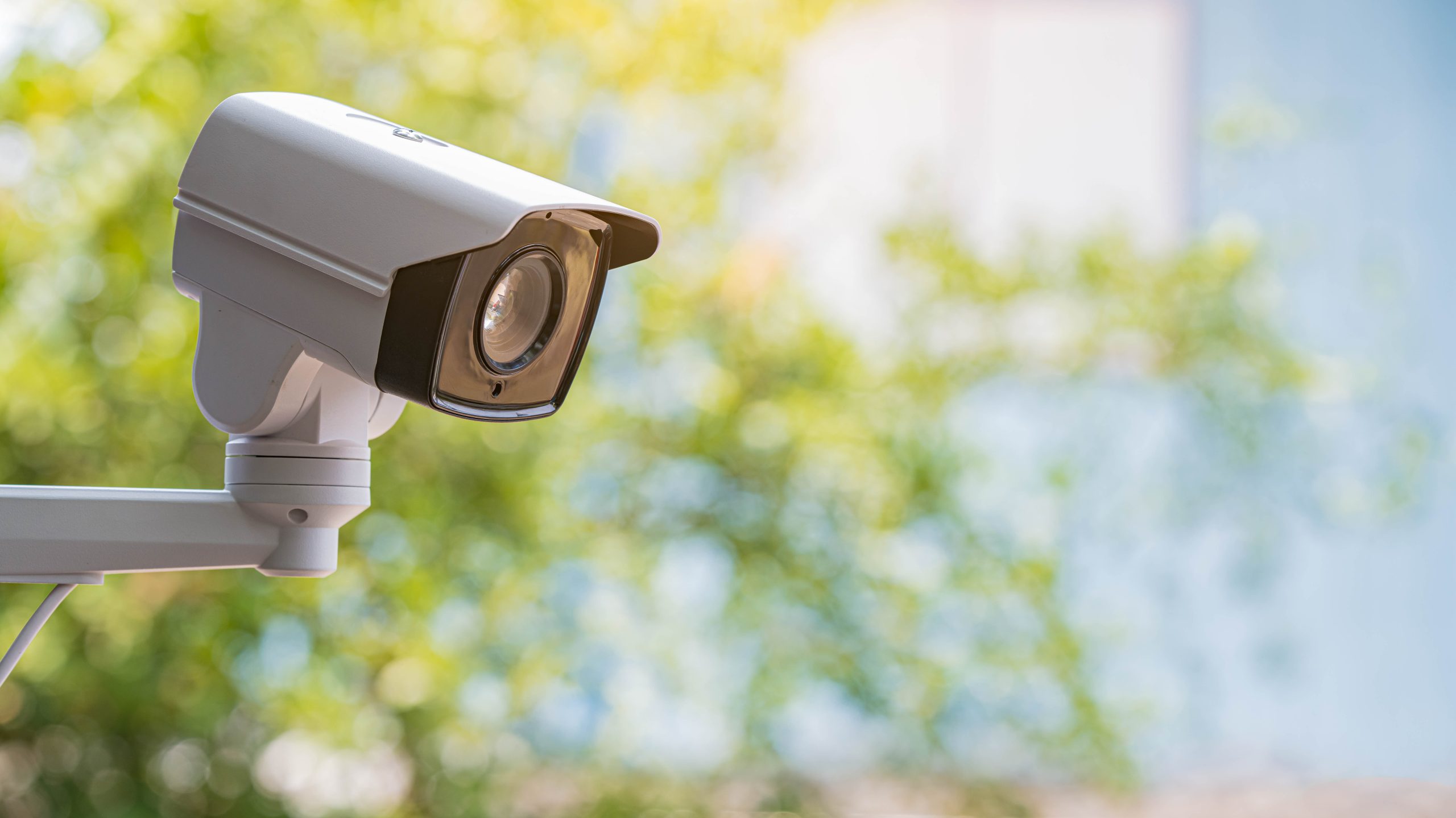 A CCTV camera encased in white plastic in front of blurred green trees. The black lens reflects the city it surveils.