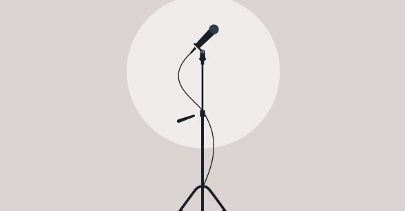 A drawing of a black microphone on a stand against a light pink background.