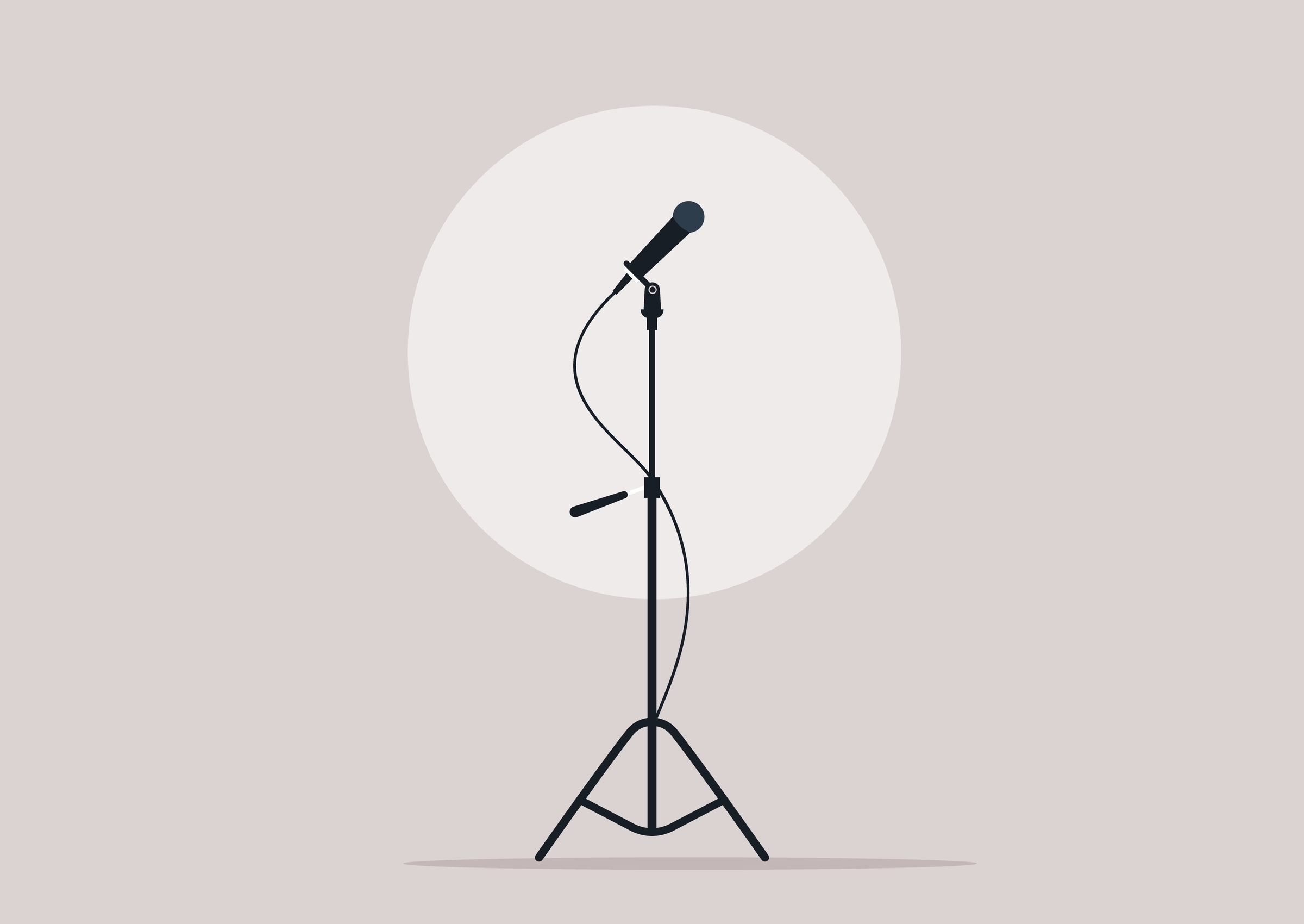 A drawing of a black microphone on a stand against a light pink background.