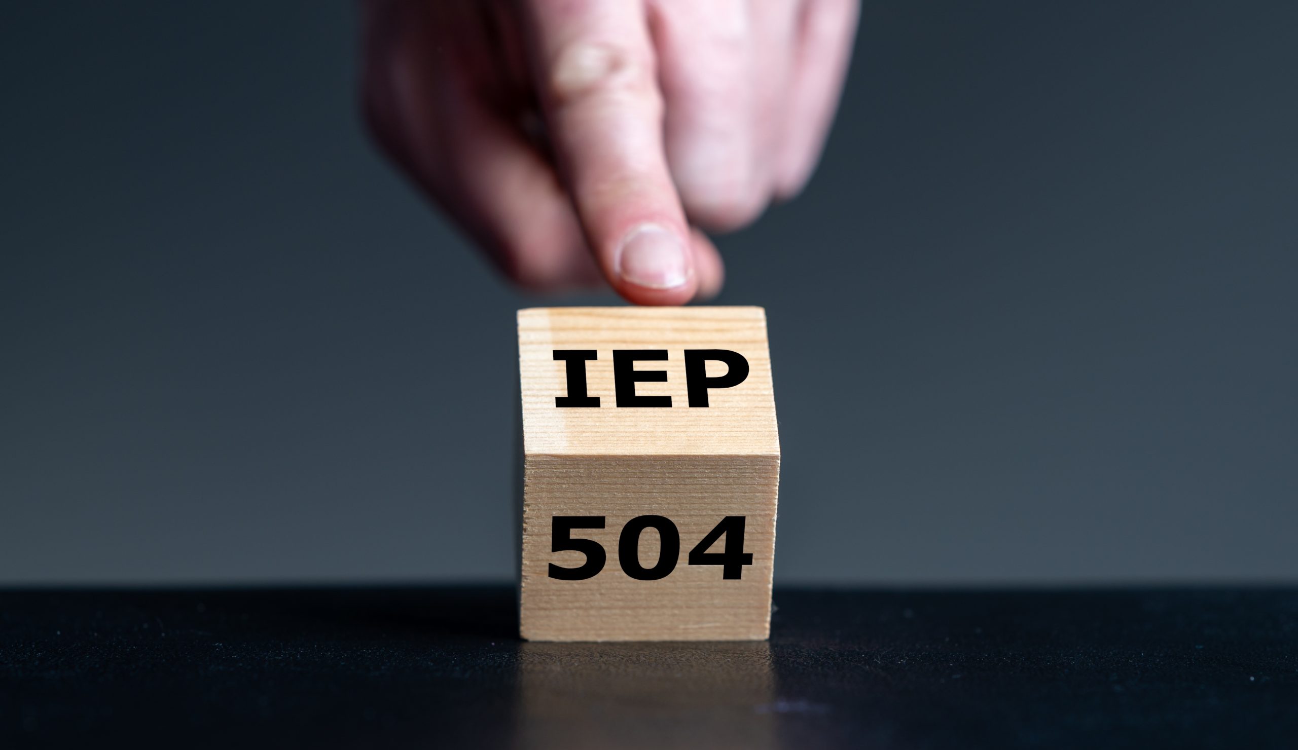 In a black and grey room, a single wooden block balances on it’s edge. A single finger from an anonymous white person’s hand holds the block precariously. One side of the block reads IEP. The other 504.